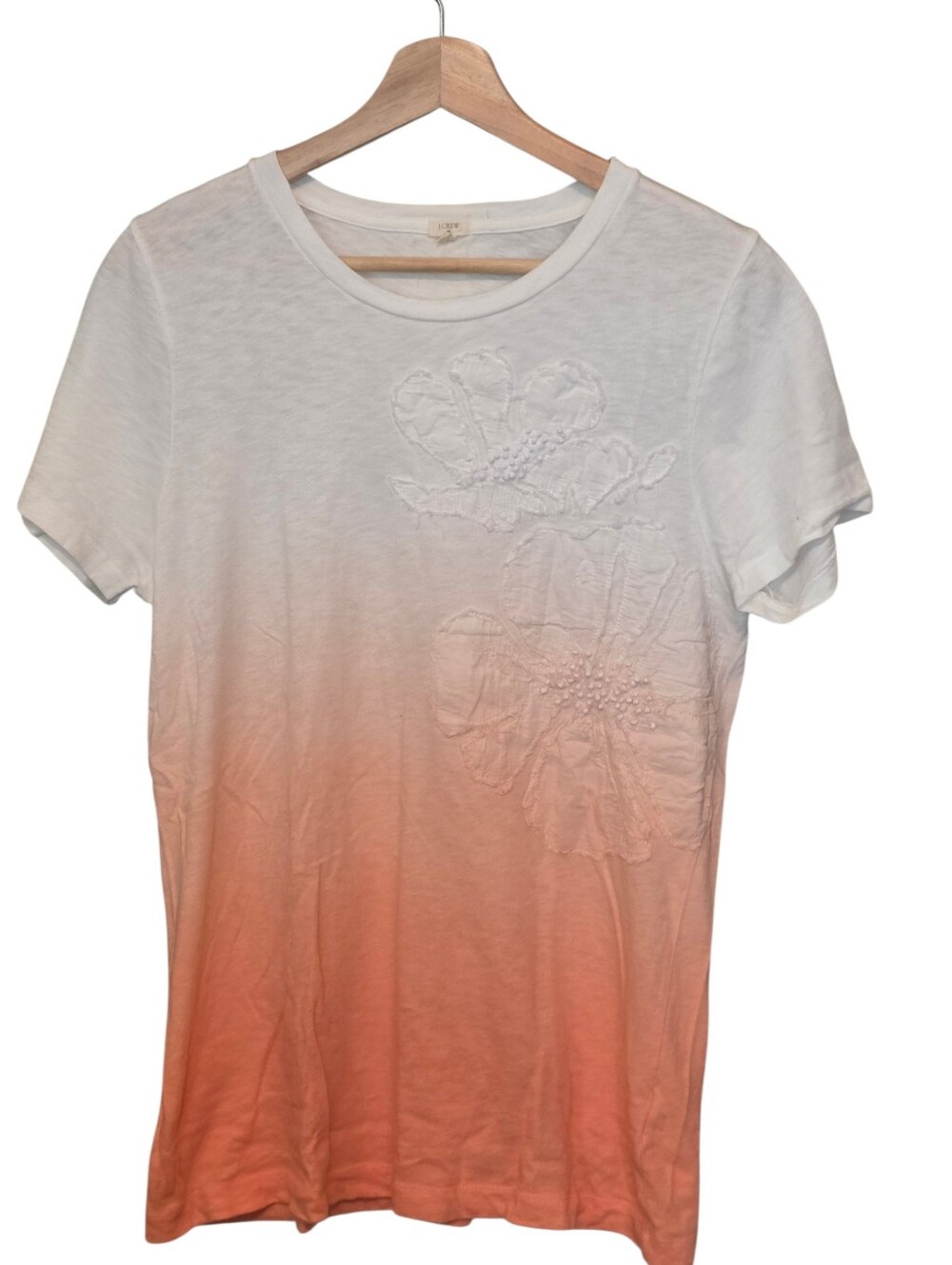 J. Crew Y2k 100% Cotton Peach & White Ombre T-Shirt Flower Applique Sz L EUC
